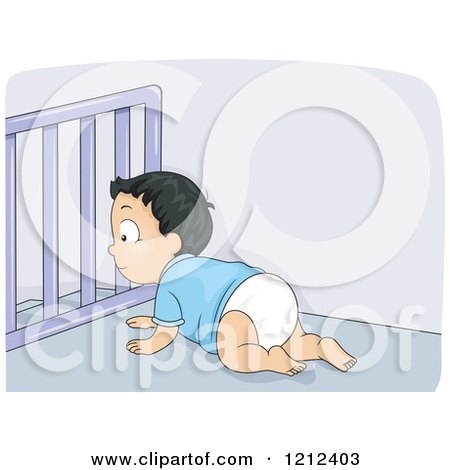 Cartoon of a Crawling Boy at a Baby Gate at the Top of Stairs - Royalty Free Vector Clipart by BNP Design Studio