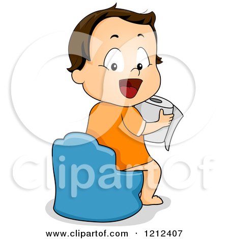 Cartoon of a Happy Toddler Boy Using a Potty Traier and Holding Toilet Paper - Royalty Free Vector Clipart by BNP Design Studio