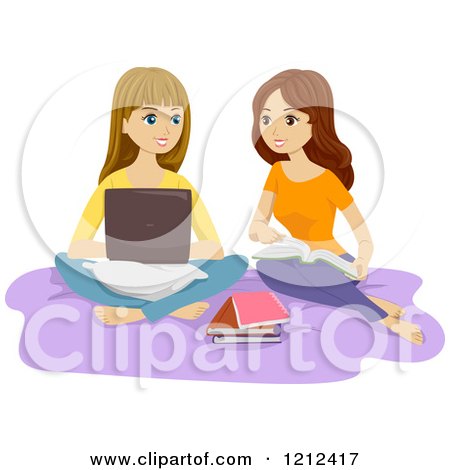 Cartoon of Two Teenage Girls Studying with Books and a Laptop on a Bed - Royalty Free Vector Clipart by BNP Design Studio