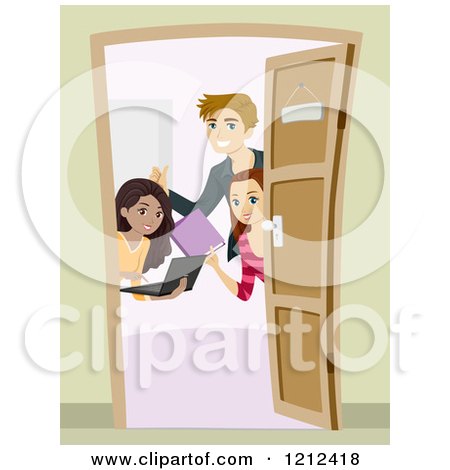 Cartoon of Teenagers with Study Materials at a Door - Royalty Free Vector Clipart by BNP Design Studio