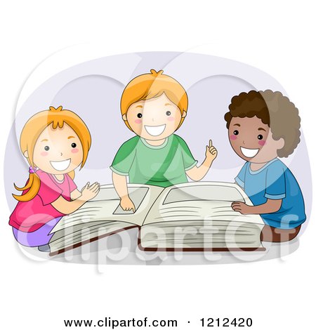 Cartoon of Happy Diverse Children Rading a Giant Book - Royalty Free Vector Clipart by BNP Design Studio