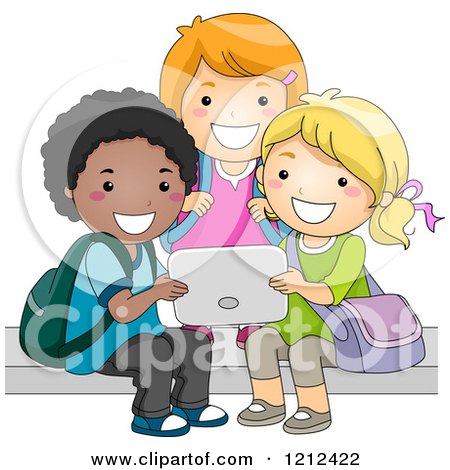 Cartoon of a Diverse Group of School Kids Using a Tablet Computer - Royalty Free Vector Clipart by BNP Design Studio