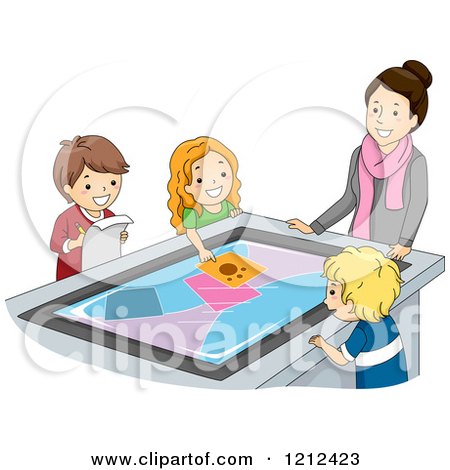 Cartoon of a Teacher Watching Students Use an Interactive Table - Royalty Free Vector Clipart by BNP Design Studio