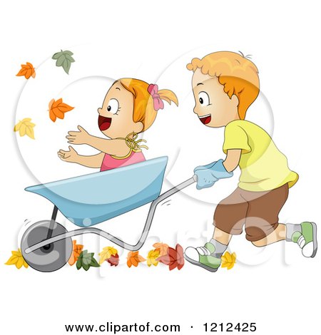 Cartoon of a Brother Pushing His Sister in a Wheelbarrow Through Fall Leaves - Royalty Free Vector Clipart by BNP Design Studio