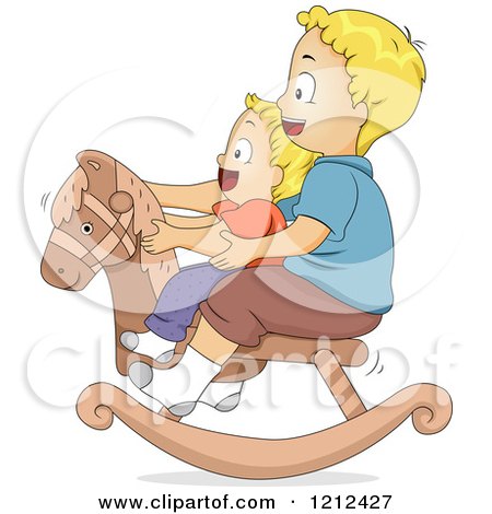 Cartoon of Happy Blond Brothers Playing on a Rocking Horse Together - Royalty Free Vector Clipart by BNP Design Studio