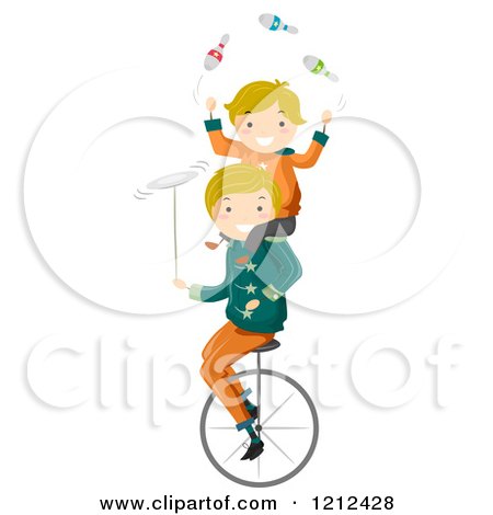Cartoon of a Father and Son Juggling and Balancing on a Unicycle - Royalty Free Vector Clipart by BNP Design Studio