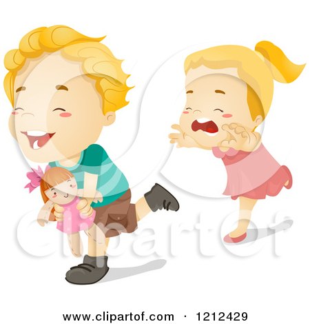 Cartoon of a Girl Chasing Her Brother After Stealing Her Doll - Royalty Free Vector Clipart by BNP Design Studio