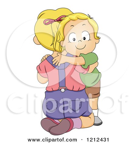 Cartoon of a Big Sister Kneeling and Hugging Her Little Brother - Royalty Free Vector Clipart by BNP Design Studio