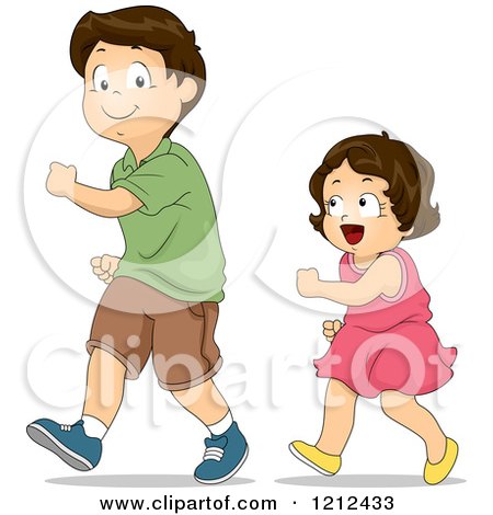 Cartoon of a Little Sister Copying Her Brothers Walk - Royalty Free Vector Clipart by BNP Design Studio