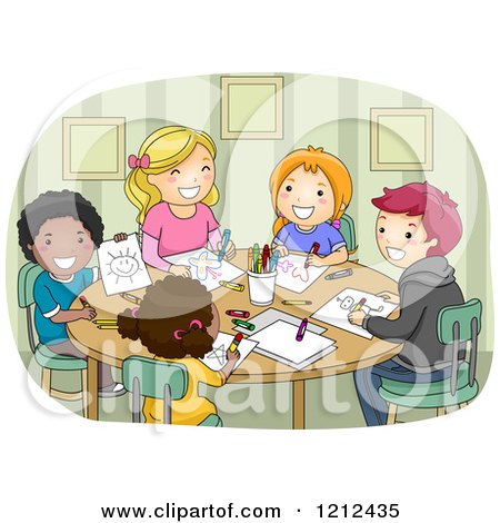 Cartoon of Diverse and Different Aged Children Drawing Together - Royalty Free Vector Clipart by BNP Design Studio