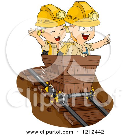 Cartoon of a Boy and Girl Riding in a Mining Cart - Royalty Free Vector Clipart by BNP Design Studio