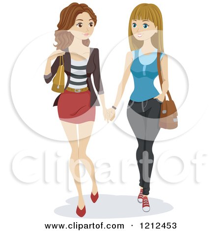 Cartoon of Two Young Lesbian Women Holding Hands and Walking - Royalty Free Vector Clipart by BNP Design Studio