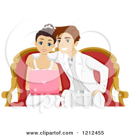 Cartoon of a Happy Couple Wedding Shopping on Their Laptop - Royalty Free Vector Clipart by BNP Design Studio