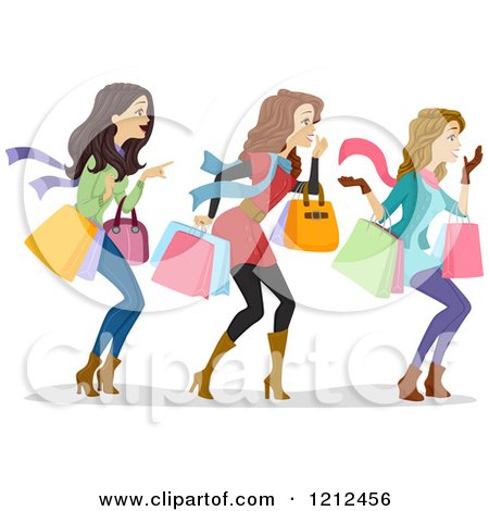 Cartoon of Three Happy Women Carrying Shopping Bags and Looking to the Right - Royalty Free Vector Clipart by BNP Design Studio