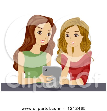 Cartoon of Teen Girls Reading Something Amusing on a Tablet Computer - Royalty Free Vector Clipart by BNP Design Studio