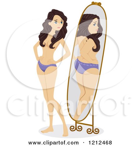 Cartoon of a Thin Girl Looking at Her Body in the Mirror and Seeing Herself As Chubby - Royalty Free Vector Clipart by BNP Design Studio