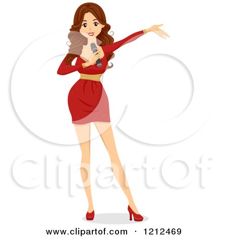 Cartoon of a Beautiful Brunette Host Holding a Microphone and Holding Her Arm out - Royalty Free Vector Clipart by BNP Design Studio