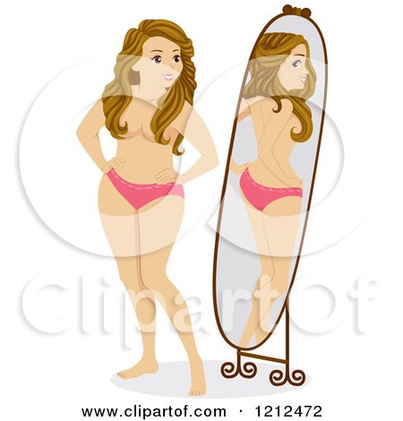 Cartoon of a Curvy Teen Gil Looking at Herself in a Mirror and Seeing a Thin Reflection - Royalty Free Vector Clipart by BNP Design Studio
