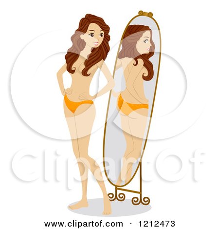 Cartoon of a Happy Brunette Woman Looking at Her Body in a Mirror - Royalty Free Vector Clipart by BNP Design Studio