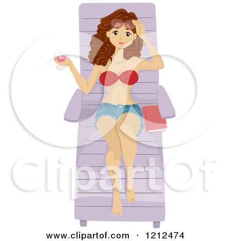 Cartoon of a Woman Holding a Cocktail and Sun Bathing in a Chair - Royalty Free Vector Clipart by BNP Design Studio