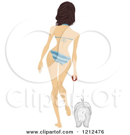 Cartoon of a Rear View of a Woman in a Bikini, Walking a Dog - Royalty Free Vector Clipart by BNP Design Studio