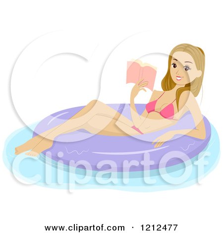 Cartoon of a Happy Young Woman in a Bikini, Reading a Book on an Inner Tube - Royalty Free Vector Clipart by BNP Design Studio