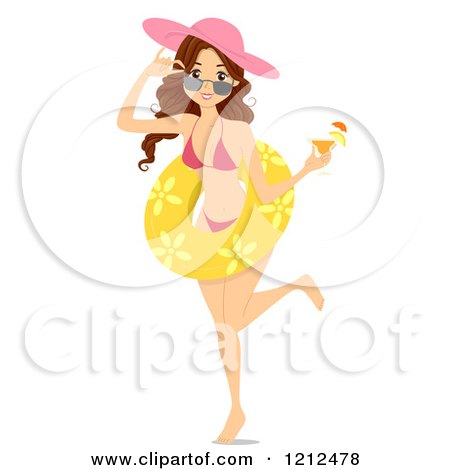 Cartoon of a Brunette Woman in a Bikini, Holding a Cocktail and Wearing an Inner Tube at a Beach Party - Royalty Free Vector Clipart by BNP Design Studio