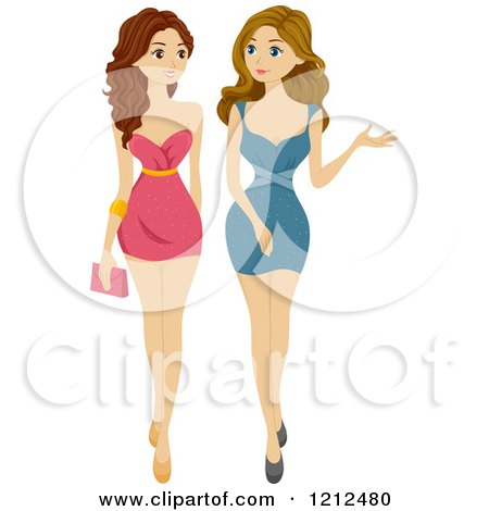 Cartoon of Two Teenag Girls Dressed up and Walking - Royalty Free Vector Clipart by BNP Design Studio