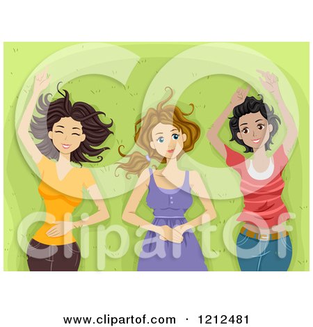 Cartoon of Carefree Diverse Teenage Girls Relaxing in Grass - Royalty Free Vector Clipart by BNP Design Studio