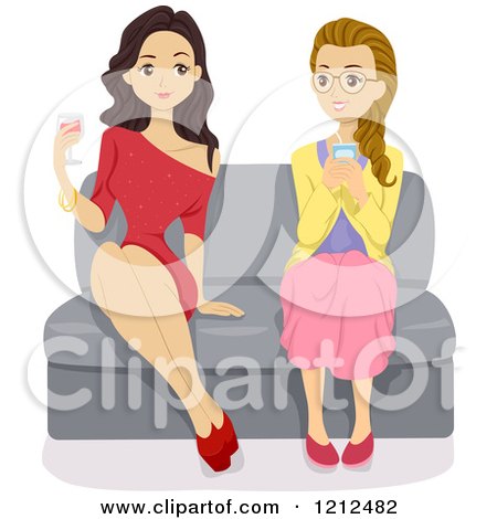 Cartoon of a Fashionable Teen Girl Talking to a Nerdy Teen Girl at a Party - Royalty Free Vector Clipart by BNP Design Studio