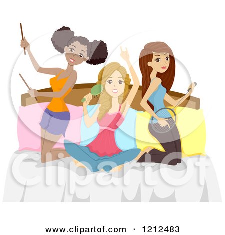 Cartoon of Diverse Teen Girls Pretending to Be Musicians on a Bed - Royalty Free Vector Clipart by BNP Design Studio