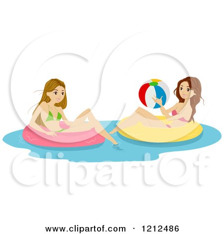 Cartoon of Two Teen Girls on Inner Tubes in a Swimming Pool - Royalty Free Vector Clipart by BNP Design Studio