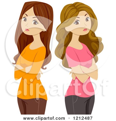 Cartoon of Two Women Standing Back to Back and Being Stubborn - Royalty Free Vector Clipart by BNP Design Studio