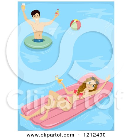 Cartoon of a Young Couple Holding Cocktails and Having Fun in a Swimming Pool - Royalty Free Vector Clipart by BNP Design Studio