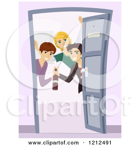 Cartoon of a Group of Teen Boys Opening a Door and Welcoming at a Party - Royalty Free Vector Clipart by BNP Design Studio