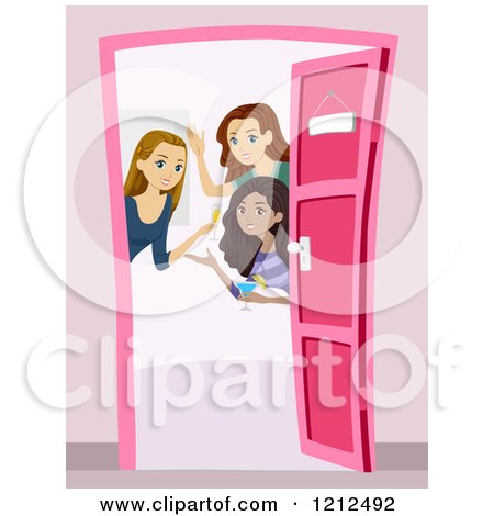 Cartoon of a Group of Young Women Opening a Door and Welcoming at a Party - Royalty Free Vector Clipart by BNP Design Studio