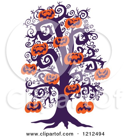 Cartoon of a Bare Tree with Suspended Jackolantern Halloween Pumpkins - Royalty Free Vector Clipart by Zooco