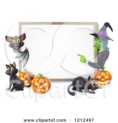 Cartoon of a Happy Bat Witch Pumpkins and Black Cats Around a Blank Sign - Royalty Free Vector Clipart by AtStockIllustration