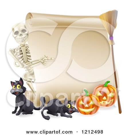 Cartoon of a Skeleton Pointing to a Halloween Scroll Sign with Black Cats a Broomstick and Pumpkins - Royalty Free Vector Clipart by AtStockIllustration