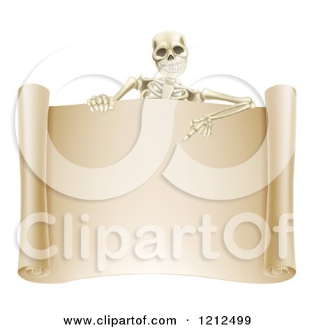 Cartoon of a Happy Human Skeleton Pointing down to a Blank Scroll Sign - Royalty Free Vector Clipart by AtStockIllustration