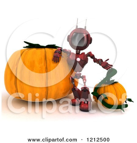 Clipart of a 3d Red Android Robot with Halloween Pumpkins - Royalty Free CGI Illustration by KJ Pargeter