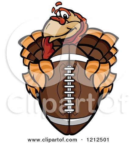 Cartoon Of A Turkey Bird Mascot Holding Out An American Football - Royalty Free Vector Clipart by Chromaco