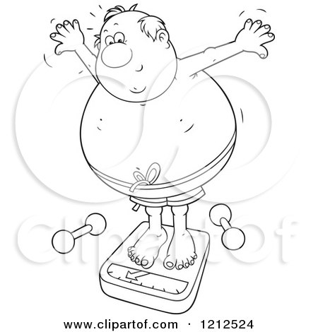 Cartoon of an Outlined Overweight Man Standing on a Scale with Dumbbells on the Floor - Royalty Free Vector Clipart by Alex Bannykh