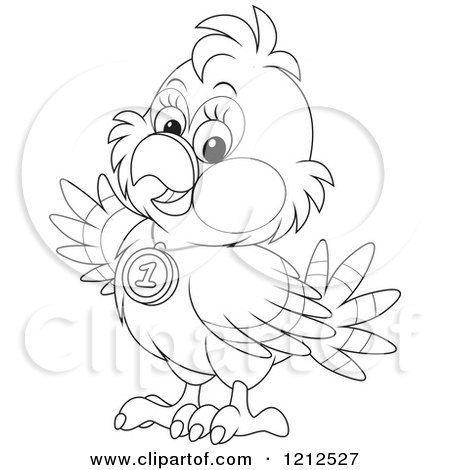 Cartoon of an Outlined Cute Bird Waving and Wearing a First Place Medal - Royalty Free Vector Clipart by Alex Bannykh