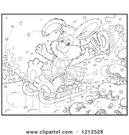 Cartoon of an Outlined Rabbit Sledding Downhill - Royalty Free Vector Clipart by Alex Bannykh