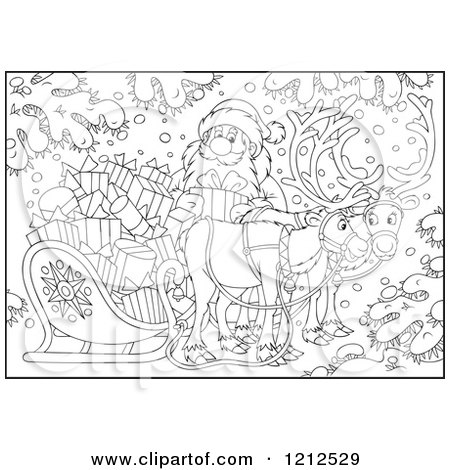 Cartoon of an Outlined Santa Holding a Present by a Sleigh and Reindeer in the Snow - Royalty Free Vector Clipart by Alex Bannykh