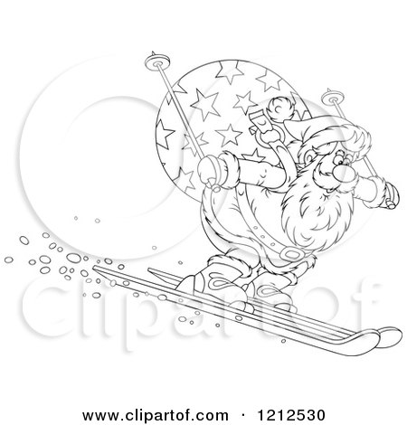 Cartoon of an Outlined Santa Skiing Downhill with a Sack on His Back - Royalty Free Vector Clipart by Alex Bannykh