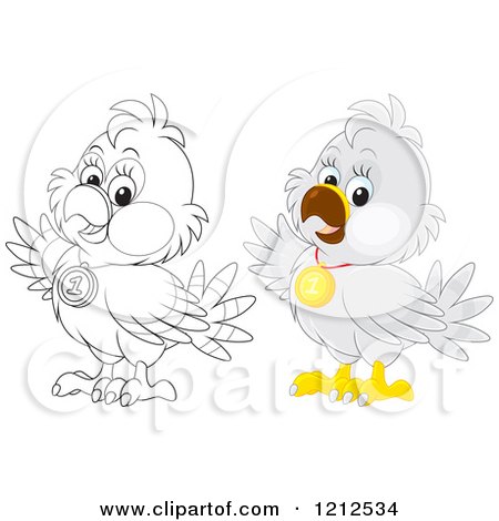 Cartoon of an Outlined and Colored Cute Bird Waving and Wearing a First Place Medal - Royalty Free Vector Clipart by Alex Bannykh