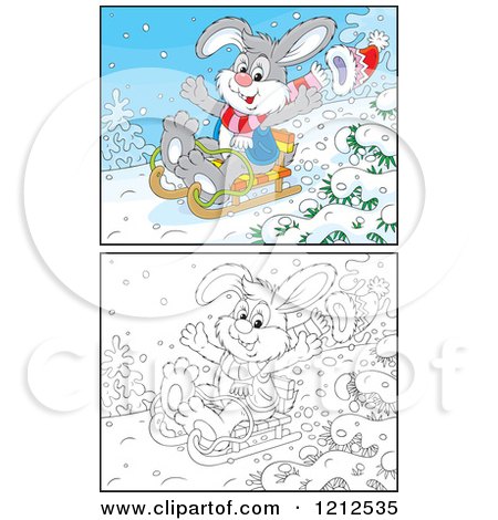 Cartoon of an Outlined and Colored Rabbit Sledding Downhill - Royalty Free Vector Clipart by Alex Bannykh