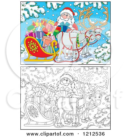 Cartoon of an Outlined and Colored Santa Holding a Present by a Sleigh and Reindeer in the Snow - Royalty Free Vector Clipart by Alex Bannykh